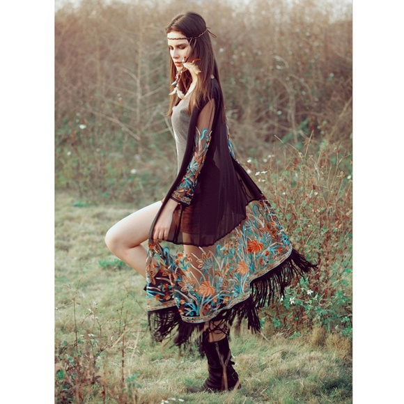 Lulu AZ Tops - Boho Black Sheer Embroidered Fringe Kimono Duster